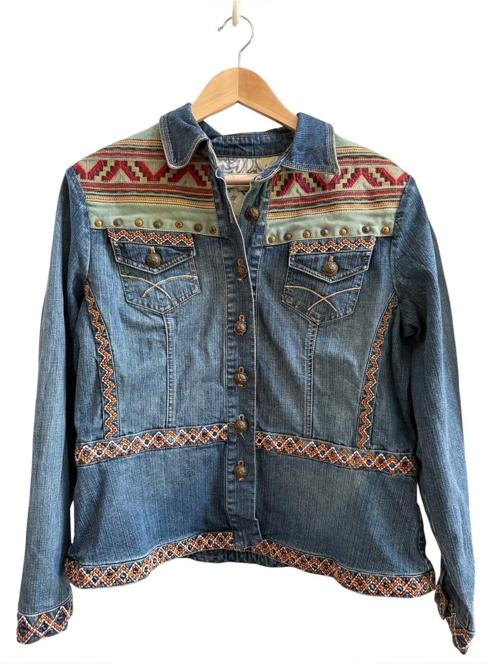 Coldwater Creek Embroidered Denim Jacket L Boho Western Aztec Studded Jean Coat - Picture 2 of 12